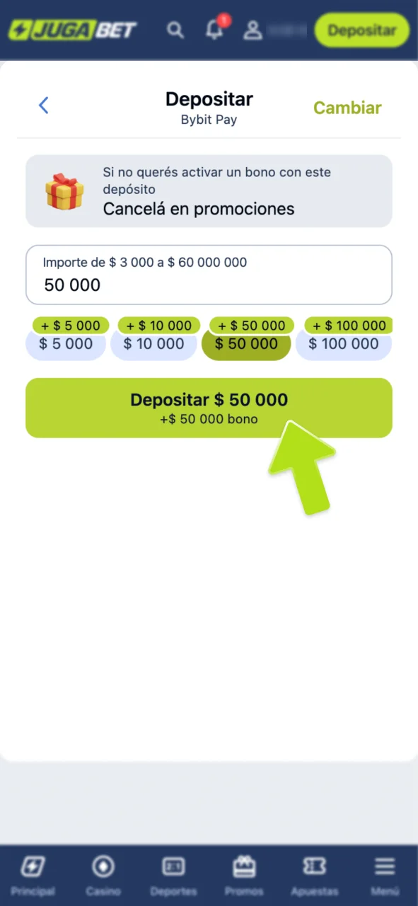 Haz clic en depósito y recarga JugaBet ahora.