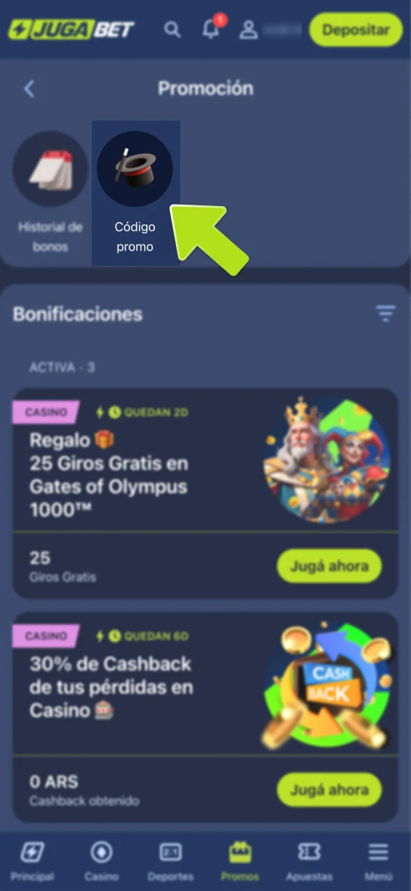 Selecciona la opción de código hoy en JugaBet.