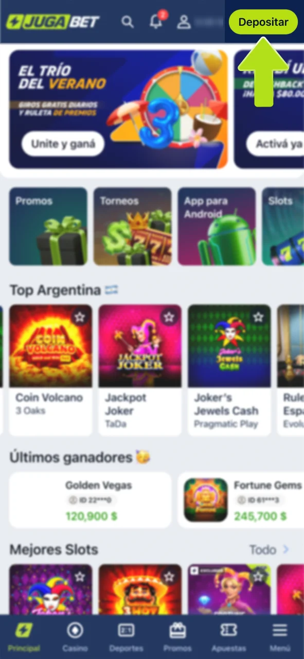 Toca el botón depósito y recarga tu cuenta en JugaBet.