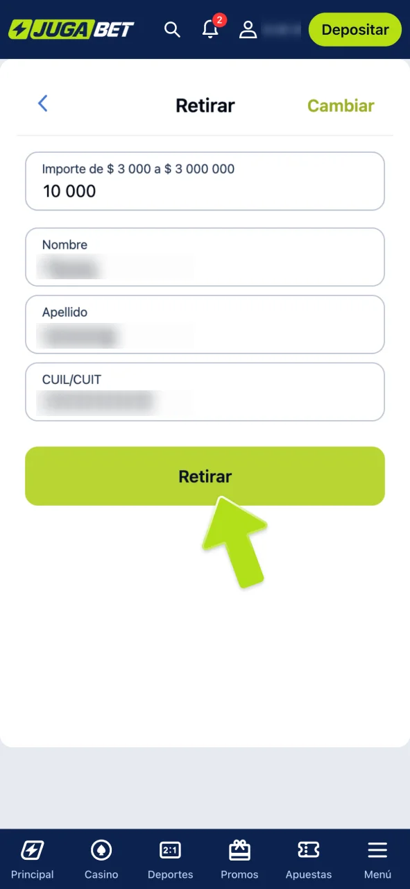 Ingresa el monto y confirma tu retiro en JugaBet.